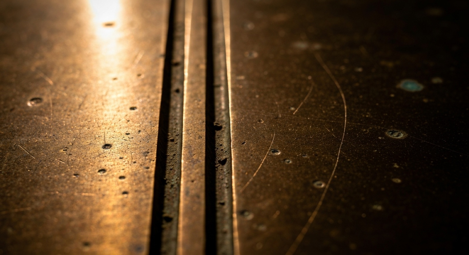 An aged bronze plate with two narrow grooves cut side by side into it. Warm light sits along the whole length of one; the other is identical and completely dark.