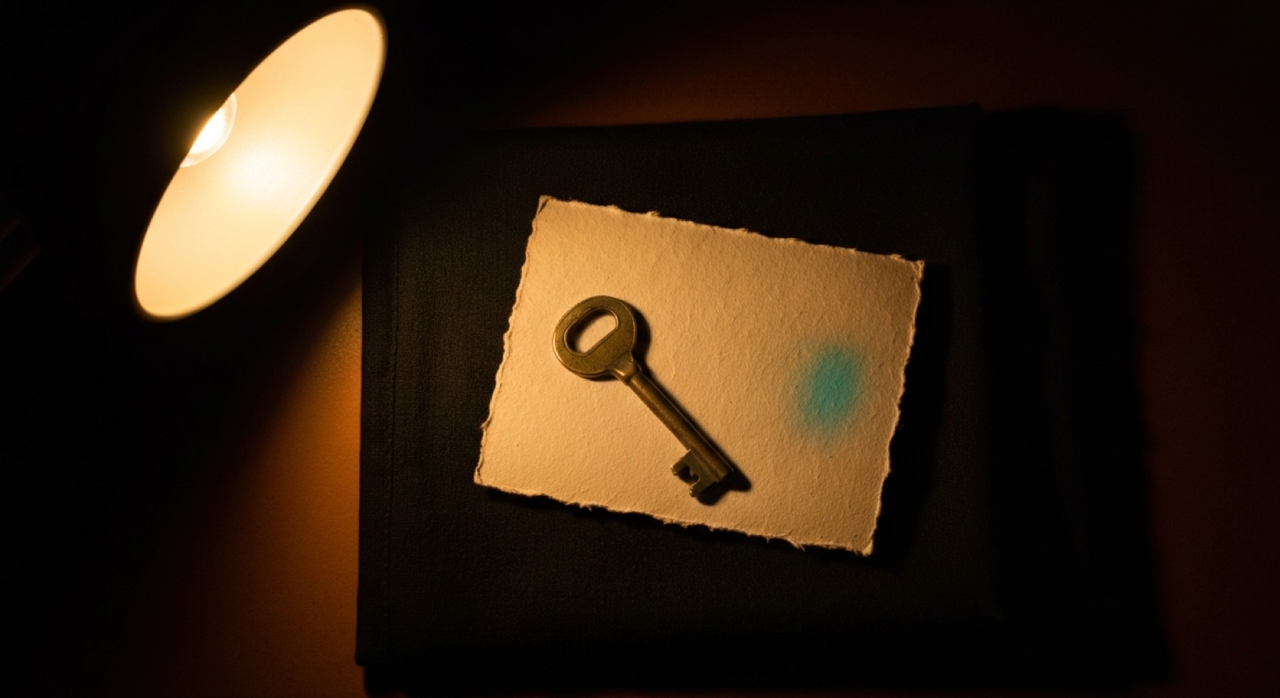 A small brass key resting on a plain card of handmade paper, lit by one lamp, deep shadow around it.