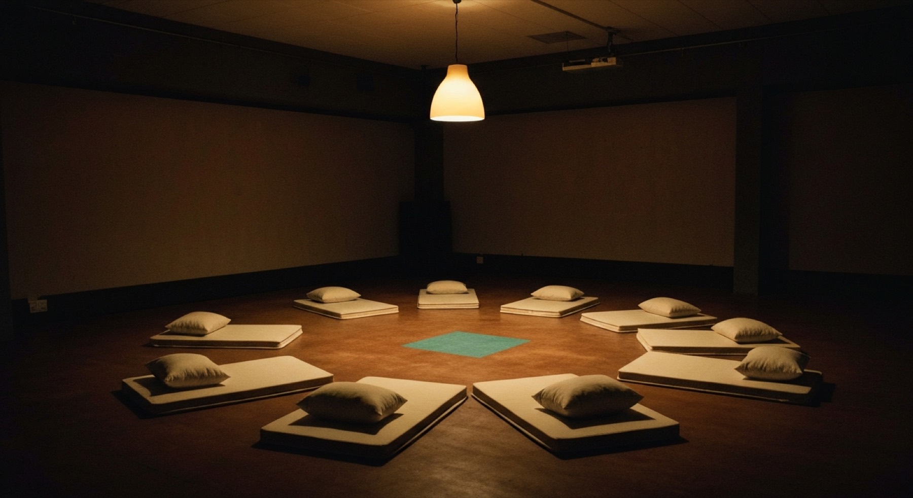 An empty room laid out for a private gathering: mattresses and bolsters in a loose circle under one hanging lamp. Nobody has arrived.