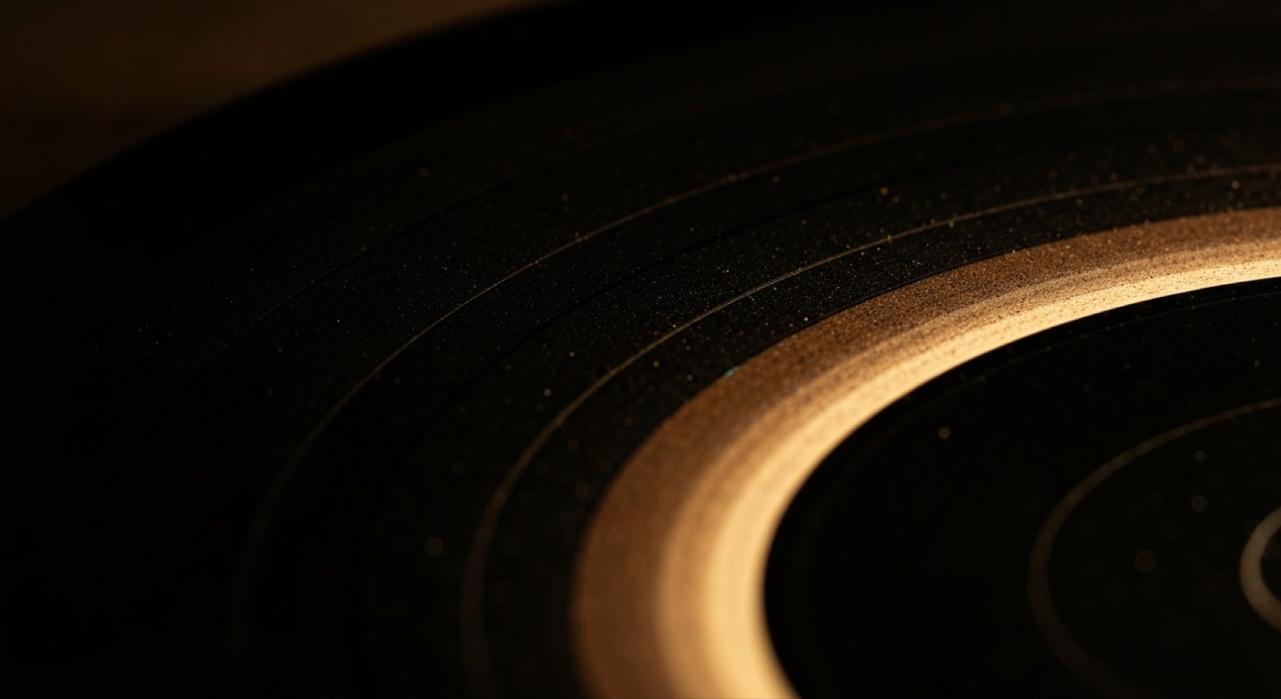 Extreme close-up of the surface of a shellac record, its grooves catching a single warm light.