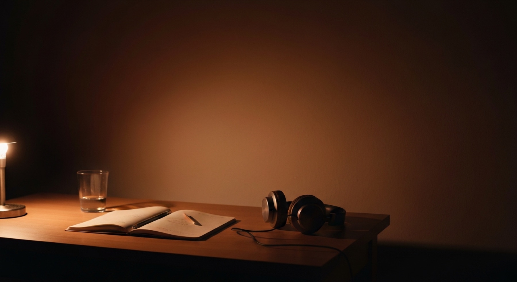 A plain table at night lit by one small lamp: an open notebook with faint pencil marks, a pencil across it, a glass of water, headphones resting on their side. Nobody is there.